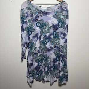 Larace Women Tunic Top 3X Blue‎ Green Paisley Artsy Lagenlook Asymmetrical Hem